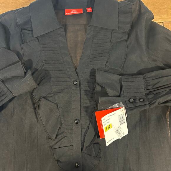 OSCAR DE LA RENTA Sz 14 Black Sheer Button Up Ruffle Pleated Classic Old Money - Picture 7 of 10